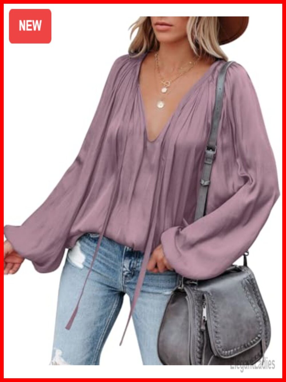 Satin Deep V Neck Blouse Long Sleeve Peasant Top
